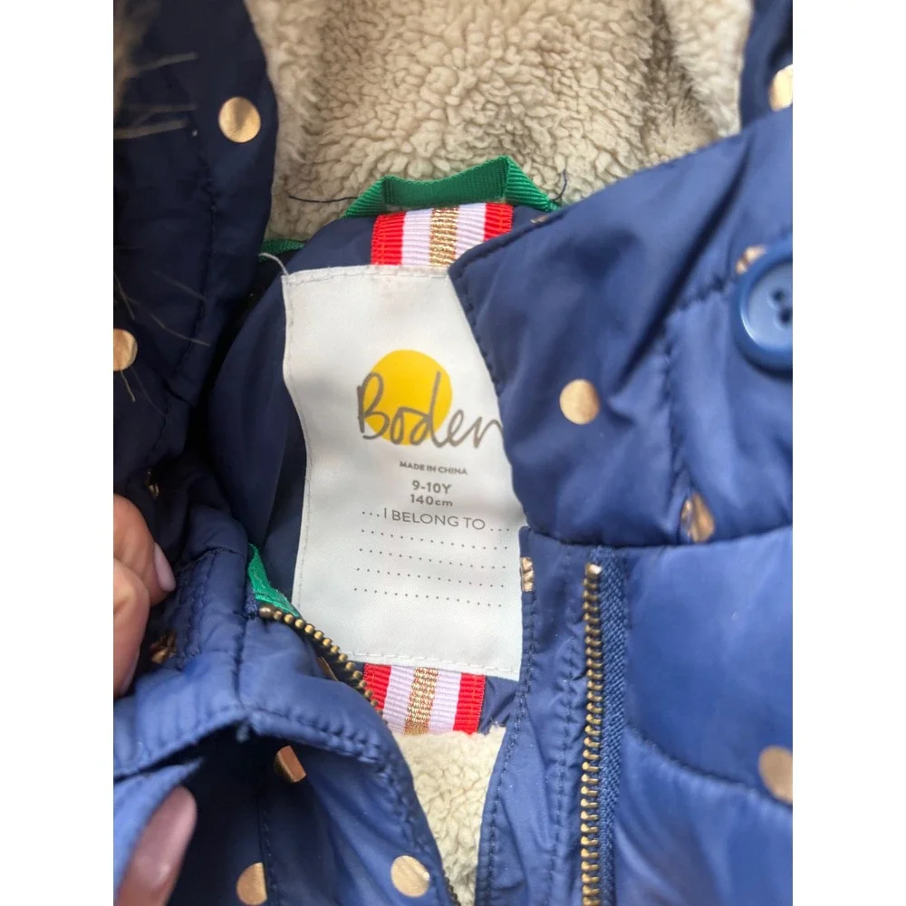 Boden Girls Navy Gold Polka Dot Puffer Coat Faux‎ Fur Preppy Winter Luxe 9-10Y